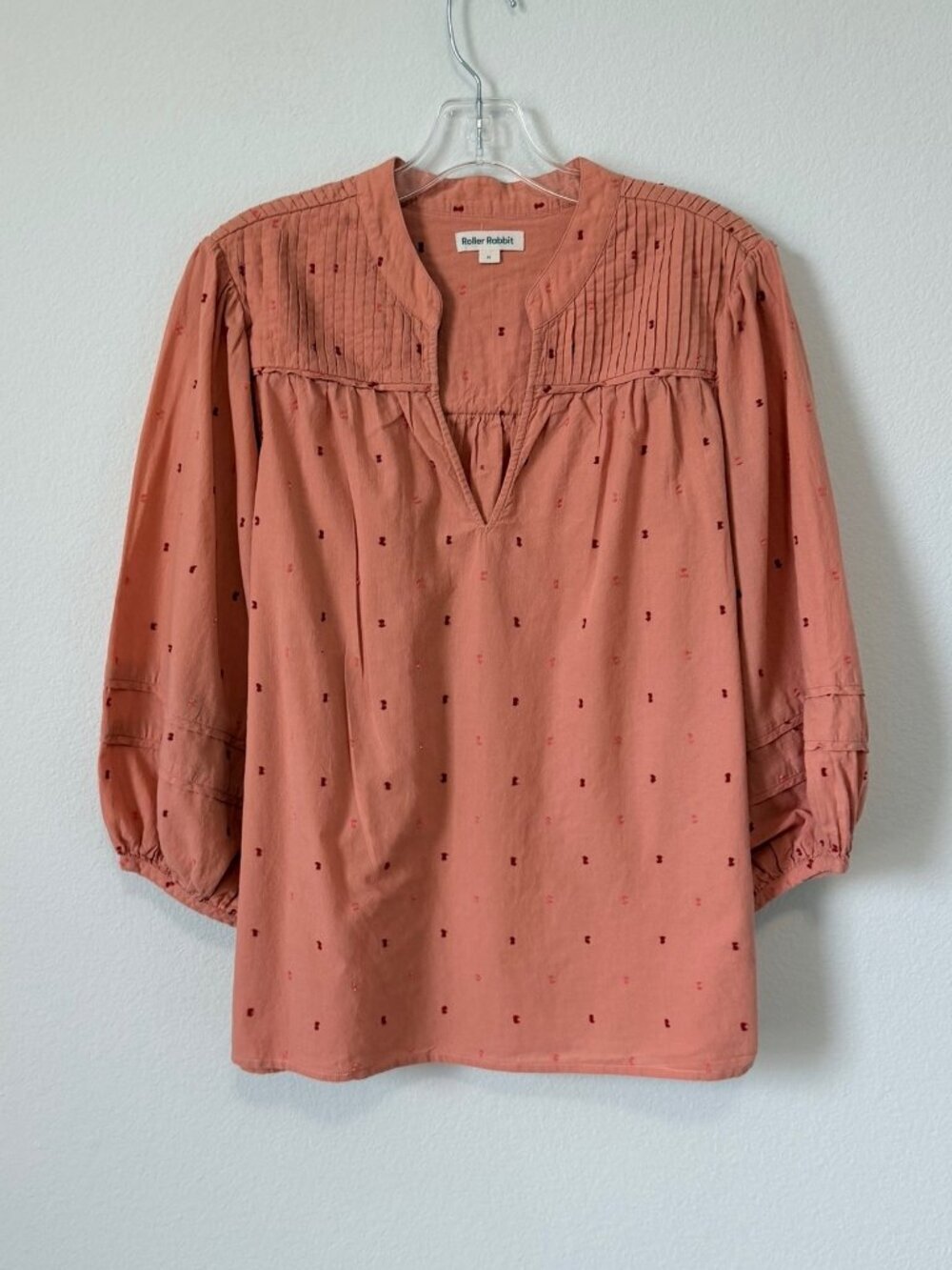 Roller Rabbit 3/4 Sleeve V-Neck Embroidered Dot 100% Cotton Tunic Blouse Size M